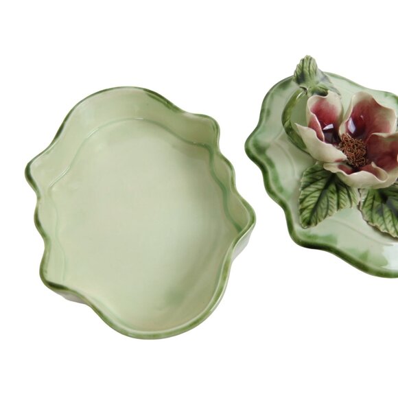 VINTAGE 40s 50s Burgundy Red Rose and Green Porcelain Trinket Box - Picture 6 of 9